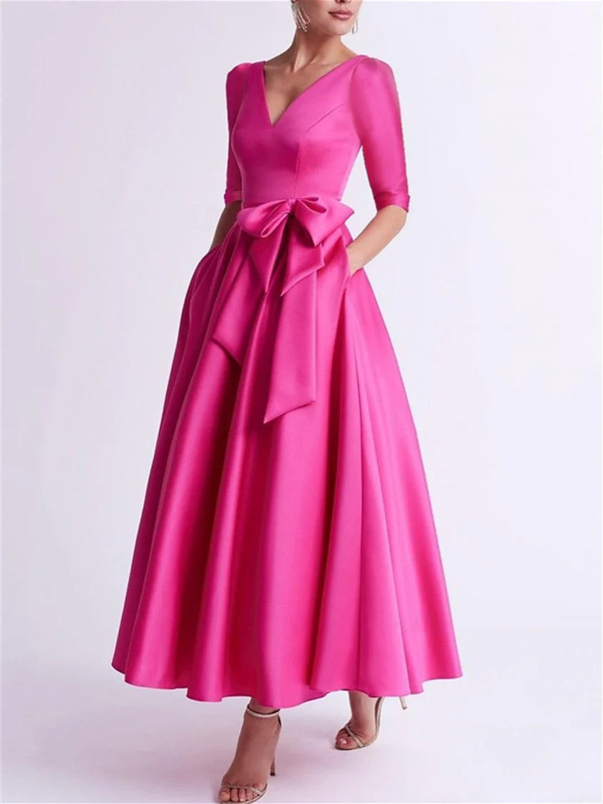 Formal Women's Dresses A-Line/Princess V Neck 3/4 Length Sleeve Tea Length Satin Mother of the Bride Dresses with Bow(s) Prom Dresses Stores
